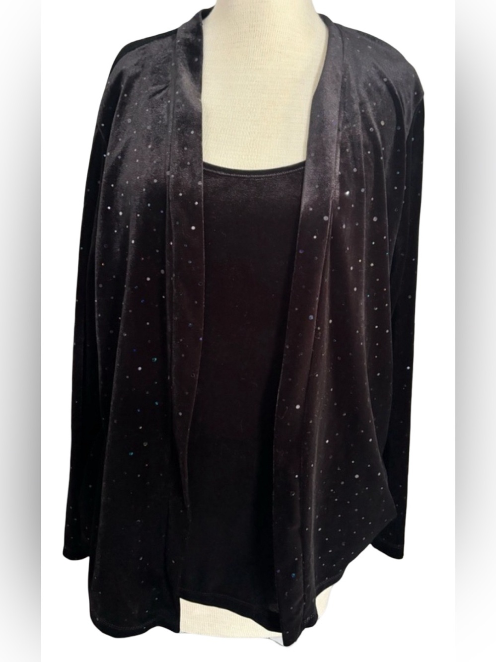 Notations Black Velvet Sequin Cardigan XL | Women’s Long Sleeve Open Front Top